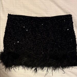 Windsor Black Sequin Mini Skirt with Feather Detail